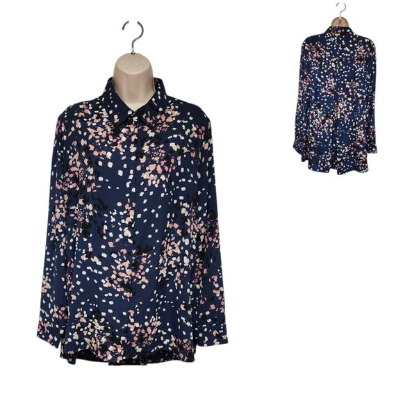 Investments Tops - Investments Button Down Long Sleeve Multi-Blue Flowy Lo-Hi Tunic Blouse Size L